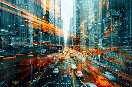 A vibrant city street buzzes with ca, a Photo by Tanuart