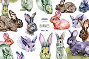 10 watercolor & ink bunnies clipart, an Animal Illustration by NataliMiasStore (Thumbnail 1 of 5)