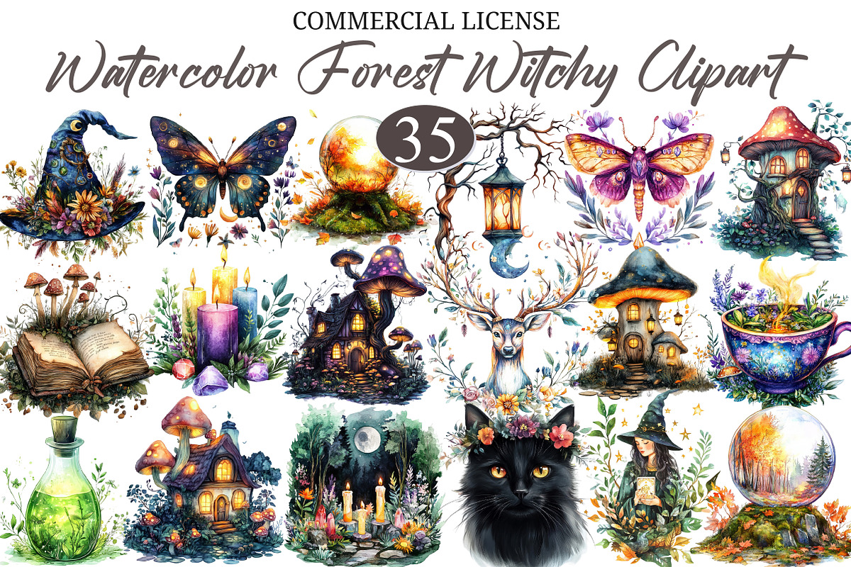 Watercolor Forest Witchy Clipart, a Seasonal Illustration by designcity5 (Photo 1 of 5)