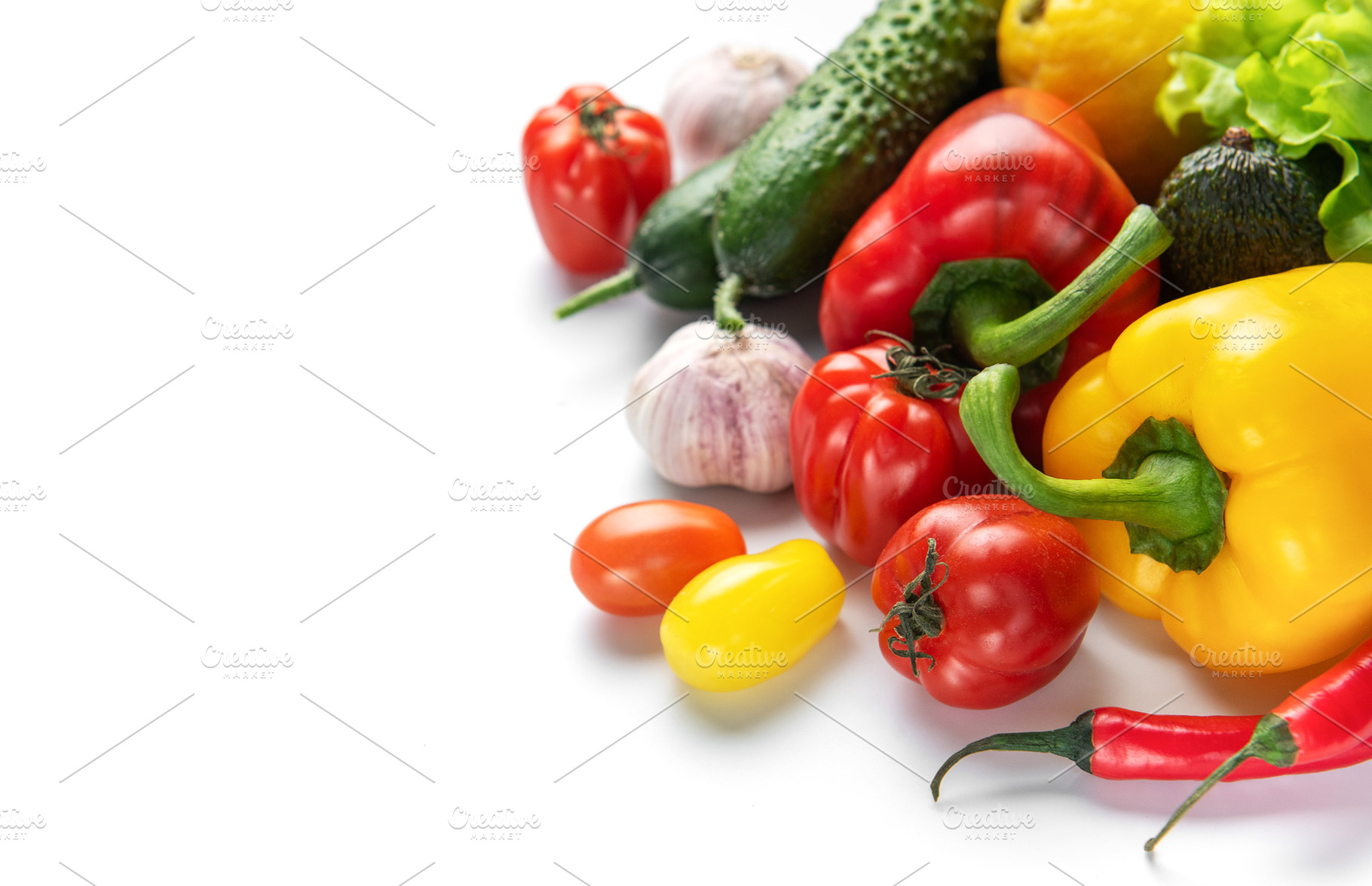 Fresh colorful organic vegetables forming healthy food border, a Food & Drink Photo by Olena Rudo