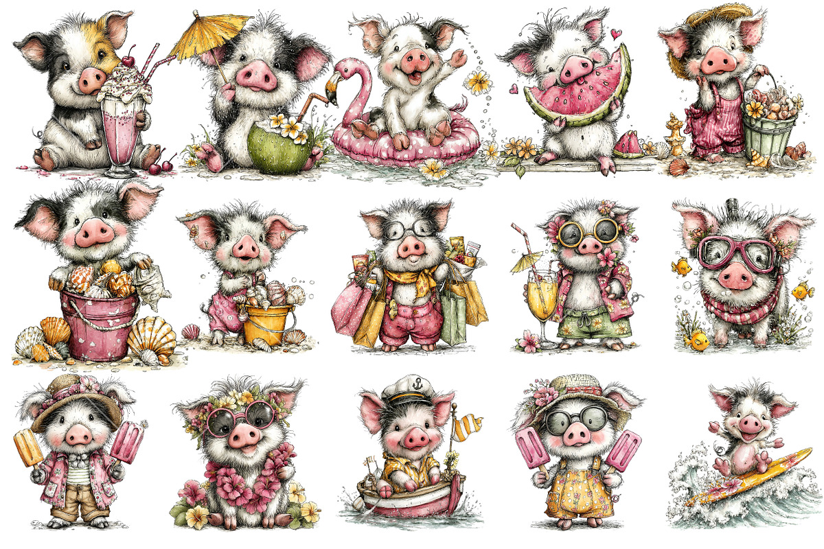 Whimsical Summer Pig Clipart Bundle, a Seasonal Illustration by OK Design (Photo 3 of 6)