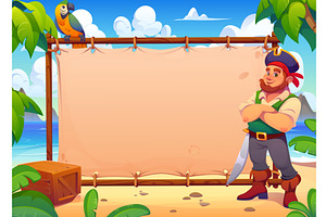 Pirate with signboard banner, a Person Illustration by Vector Tradition
