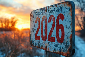 Aged and weathered 2026 road sign with red numbers on wooden pos, an Abstract Photo by José Manuel Gelpi