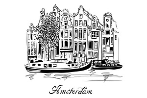 Vector city view of Amsterdam canal, an Illustration by kavalenkava