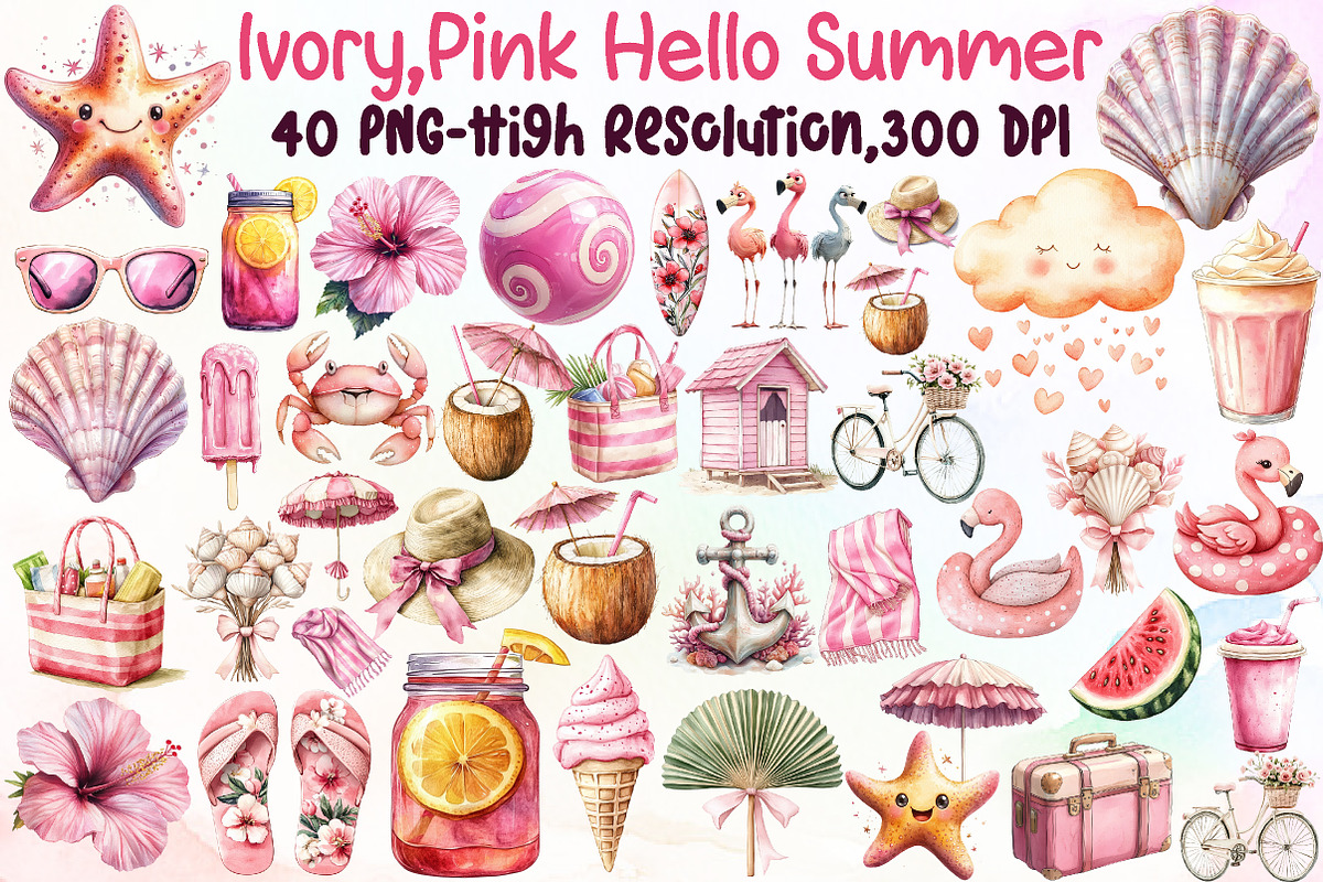 Ivory and Pink Hello Summer Clipart, an Illustration by Sublimation Artist (Photo 1 of 6)