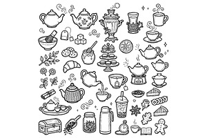 Tea and Coffee Time Doodle Set. Hand