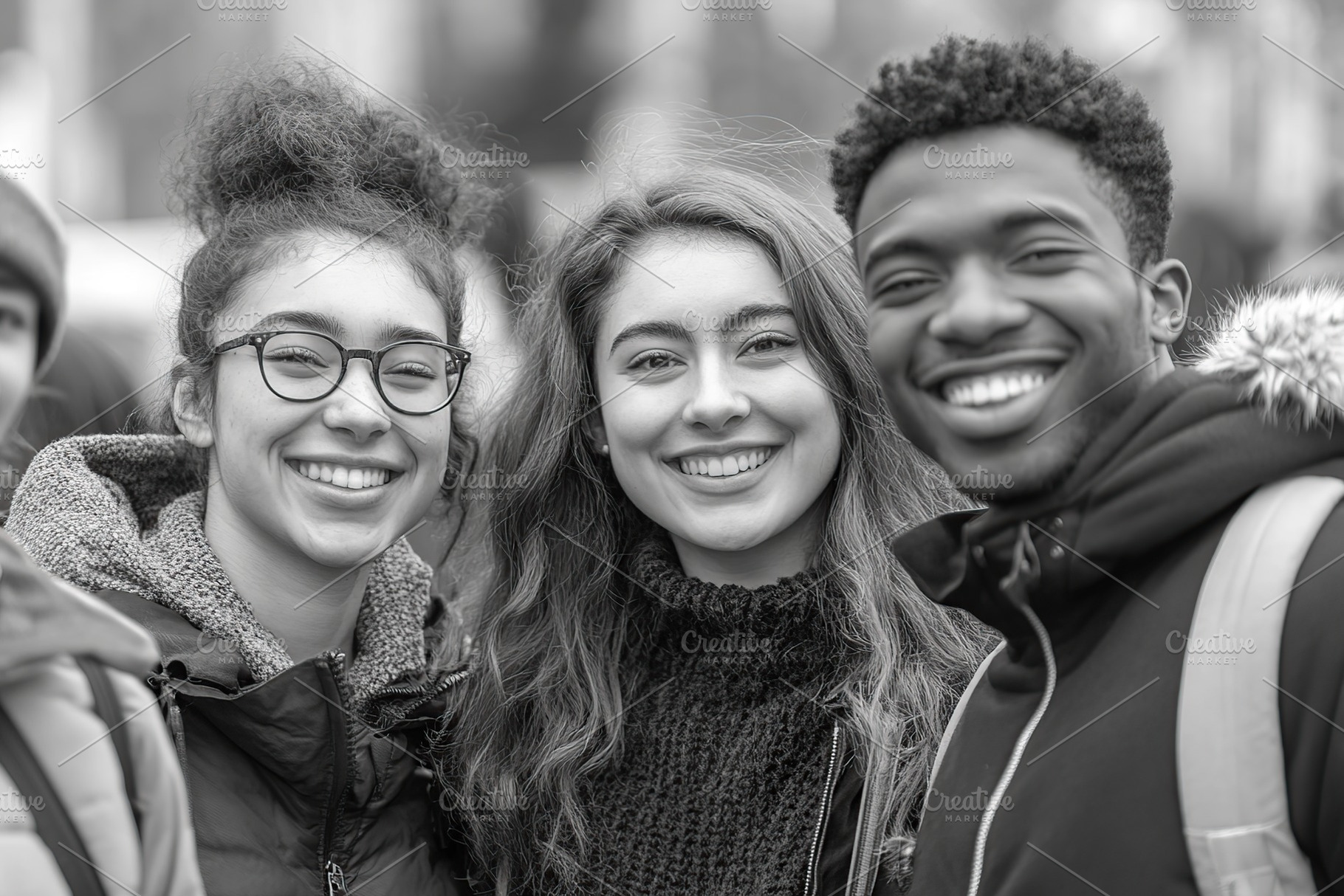 Black and white portrait of multicultural college students near university buil, a Person Photo by AlyaAnd