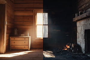 One side shows a bright, sunlit cabin, while the other reveals dark, burnt rema, a Photo by AlyaAnd