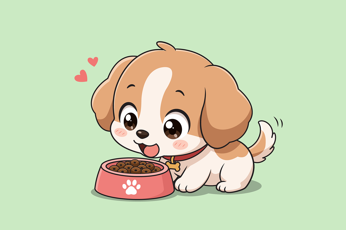 Chibi Puppy Eating Dog Food Cartoon, an Animal Illustration by Artpon Illustration (Photo 3 of 3)