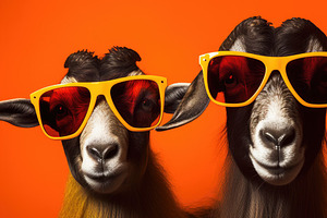 Three Goats Modeling Designer Sunglasses Against A Vivid Orange