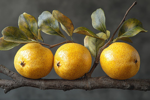 Yellow fruit lined on a branch with, a Photo by Tanuart