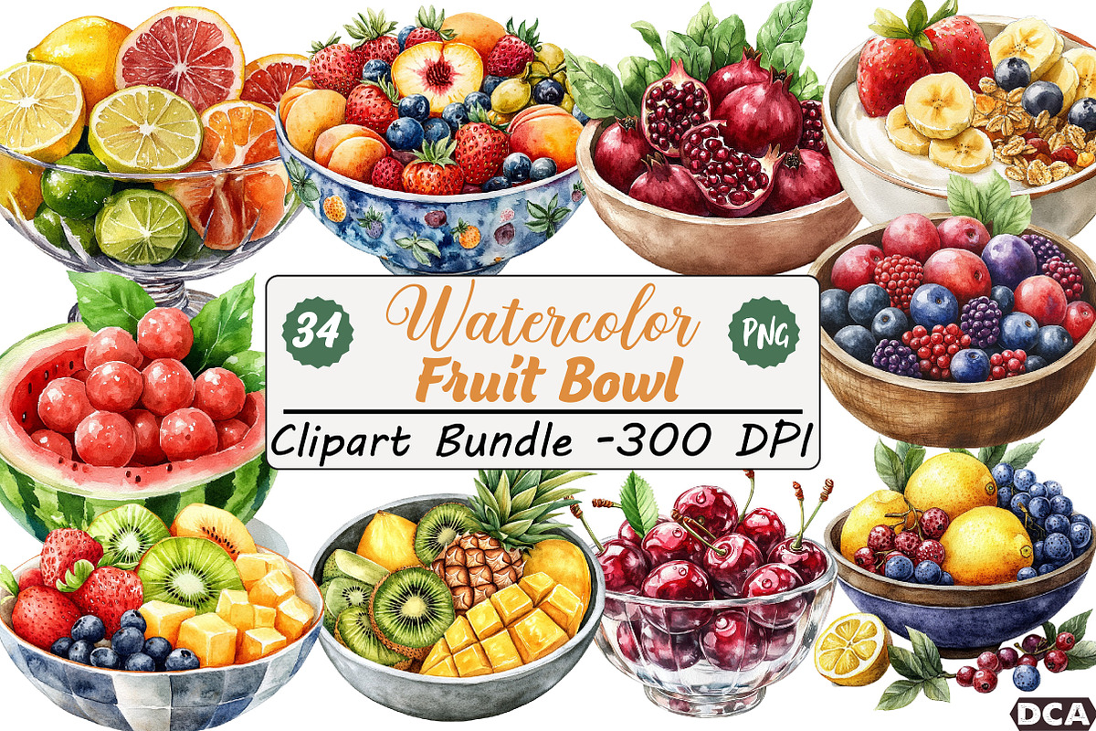 Watercolor Fruit Bowl Clipart Bundle, an Illustration by DreamCafeArt (Photo 1 of 7)
