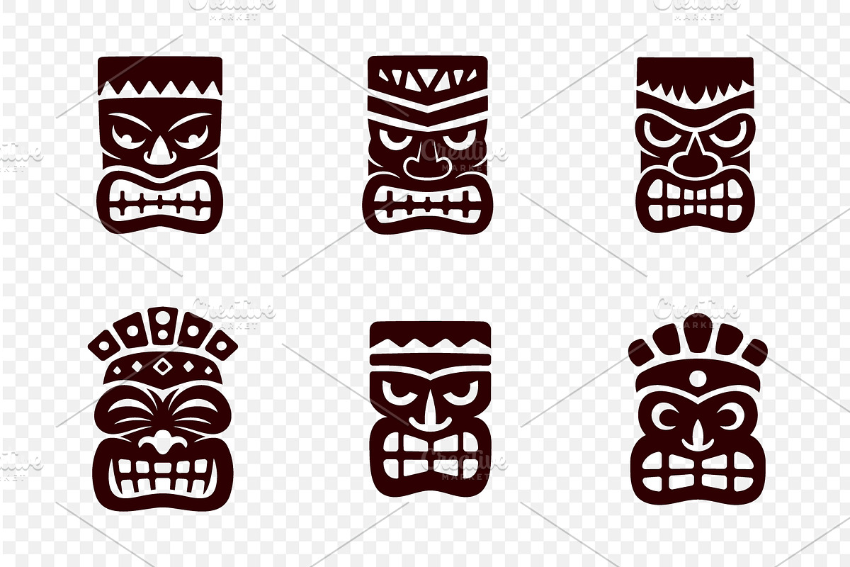 Set of six tiki masks on transparent, an Object Illustration by GraphiShop