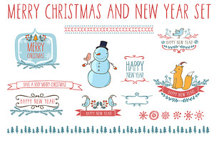 New Year set in cute cartoon style