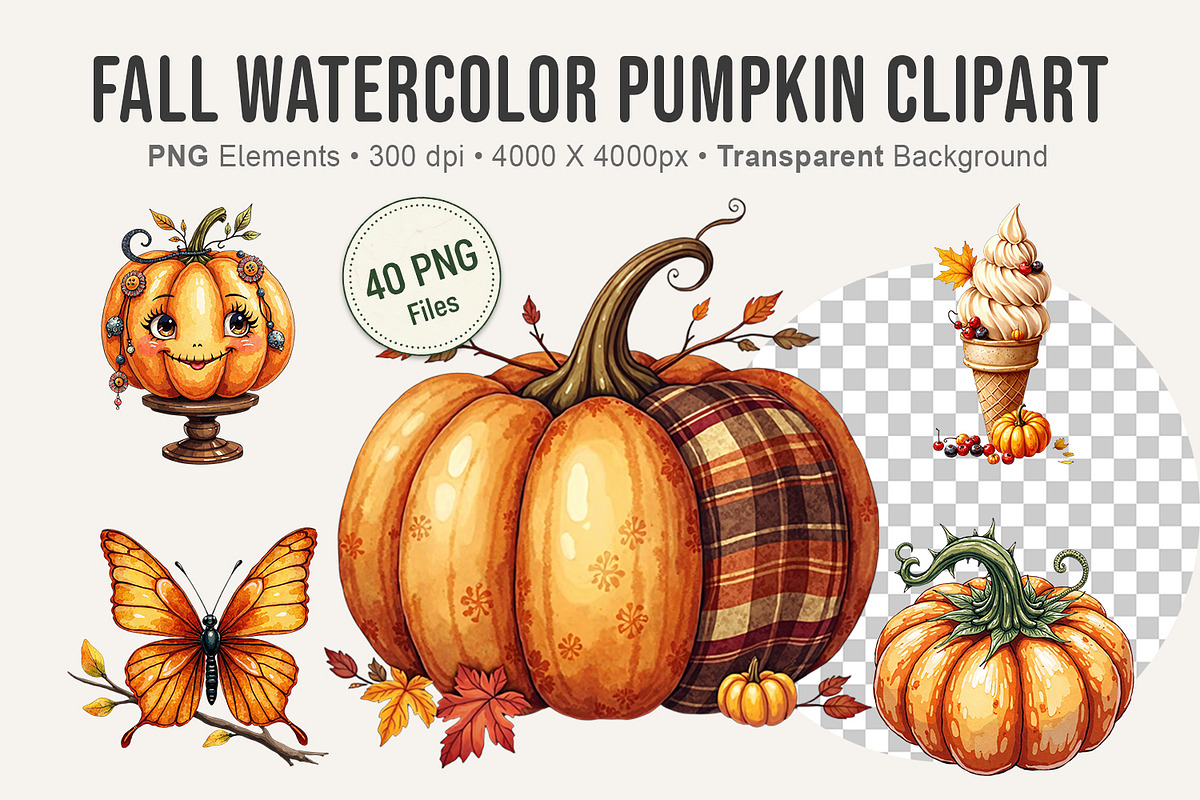 Fall Watercolor Pumpkin Clipart, an Illustration by Artnoy (Photo 1 of 8)