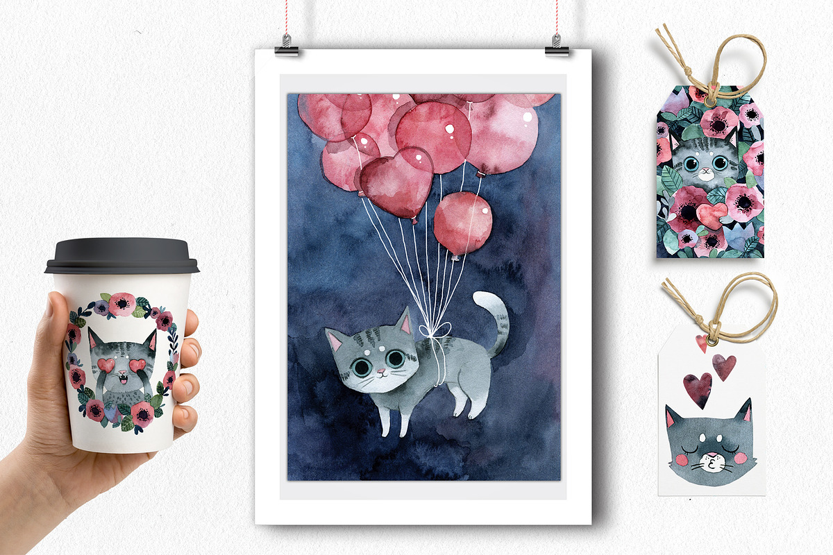 Watercolor Cats. Valentine's Day set, a Graphic by Noli Molly Store (Photo 6 of 7)