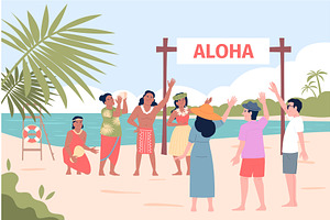 Tourists on hawaii. Hawaiian people, a Sport Illustration by LadadikArt