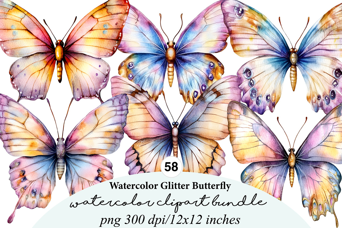 watercolor glitter butterfly clipart, an Illustration by GatewayDesign (Photo 1 of 9)