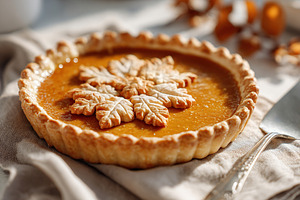 Delicious pumpkin pie with leaf-shaped crust decorations on a rustic table, a Food & Drink Photo by AlyaAnd