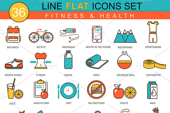 Fitness Health Flat Line Icons Set