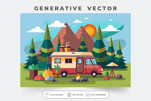 A cozy RV parked in a vibrant forest, a Graphic by Iftikhar Alam