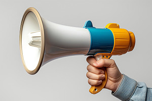 A hand holding a colorful megaphone, ideal for announcements and, a Person Photo by ImageMir