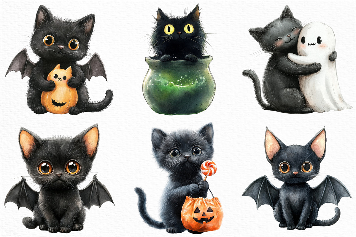 Watercolor Cute Halloween Cat, an Illustration by Craft Nest (Photo 3 of 6)