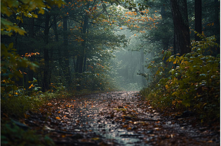 Serene forest path with mist and, a Nature Photo by Ylivdesign