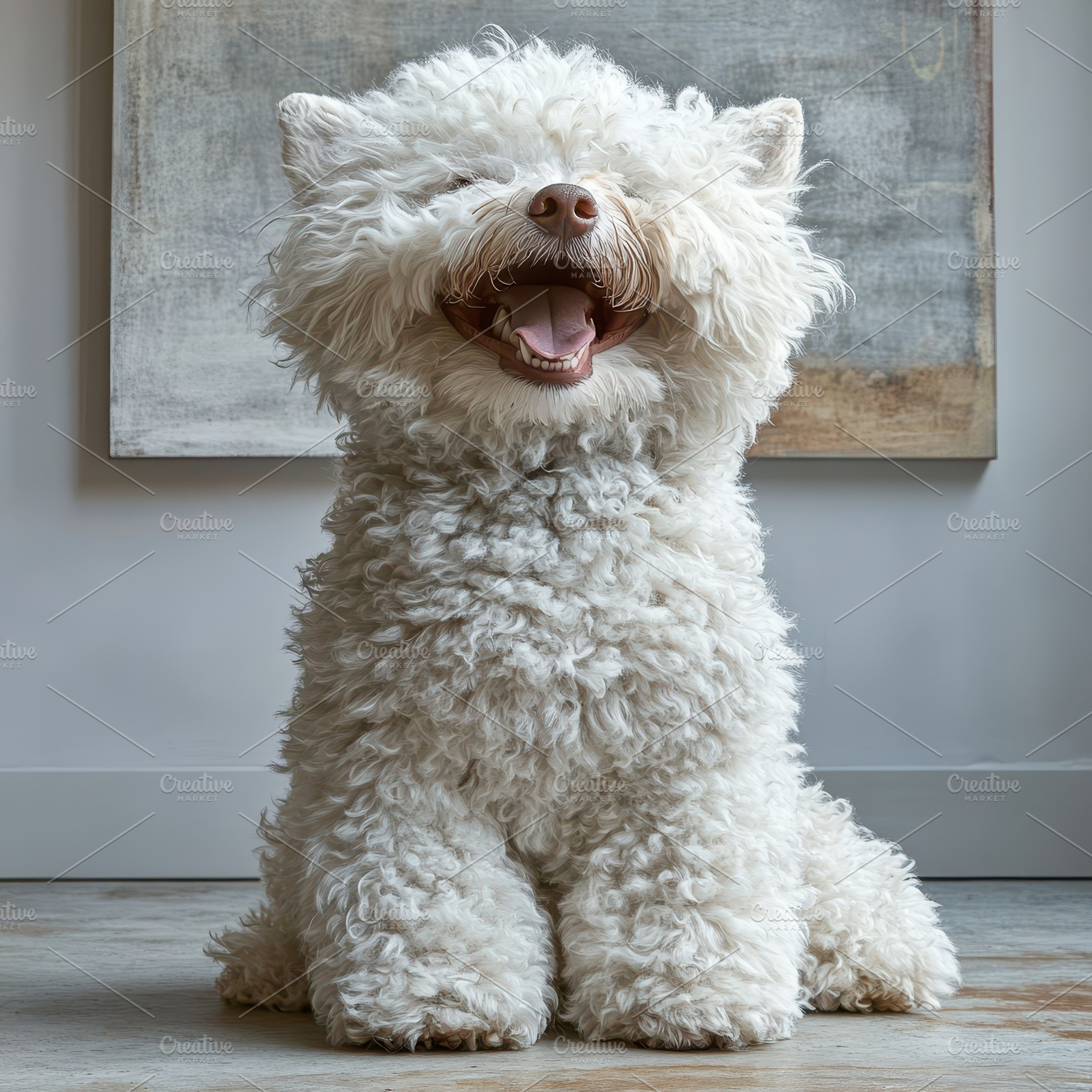 Happy fluffy white dog sitting smili, an Animal Photo by Pixeness Studio