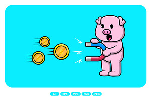 Cute Pig Pull Gold Coin With Magnet, an Animal Illustration by Artstorystudio