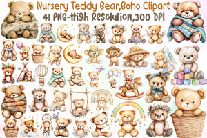 Nursery Teddy Bear Clipart,Boho Clip, an Illustration by Sublimation Artist