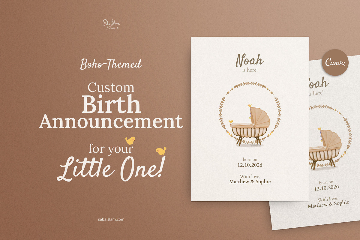Boho-Brown Birth Announcement, a Card Template by SabaIslam.Studio (Photo 1 of 8)