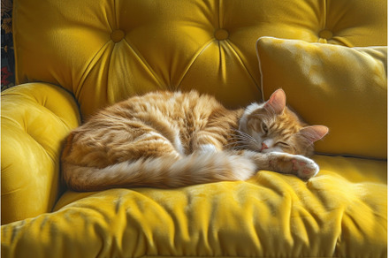 Cozy cat nap on yellow couch, an Animal Photo by Ylivdesign
