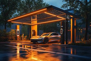 A sleek electric car charging at a modern charging station under a glowing cano, a Technology Photo by Textures & Backgrounds