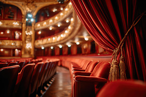 Elegant theater interior featuring classic wooden design and plush red seating, a Photo by AlyaAnd