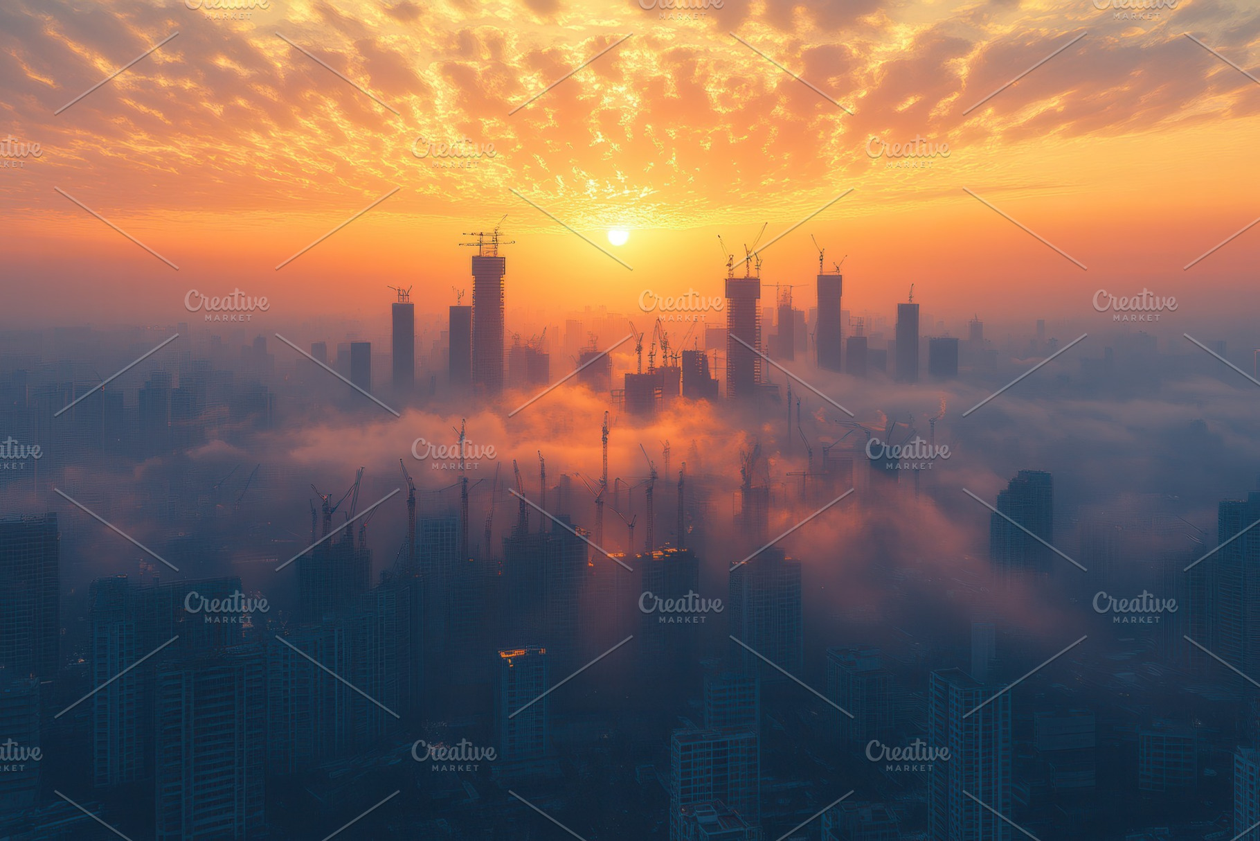 Construction skyline at sunset with, a Photo by Tanuart