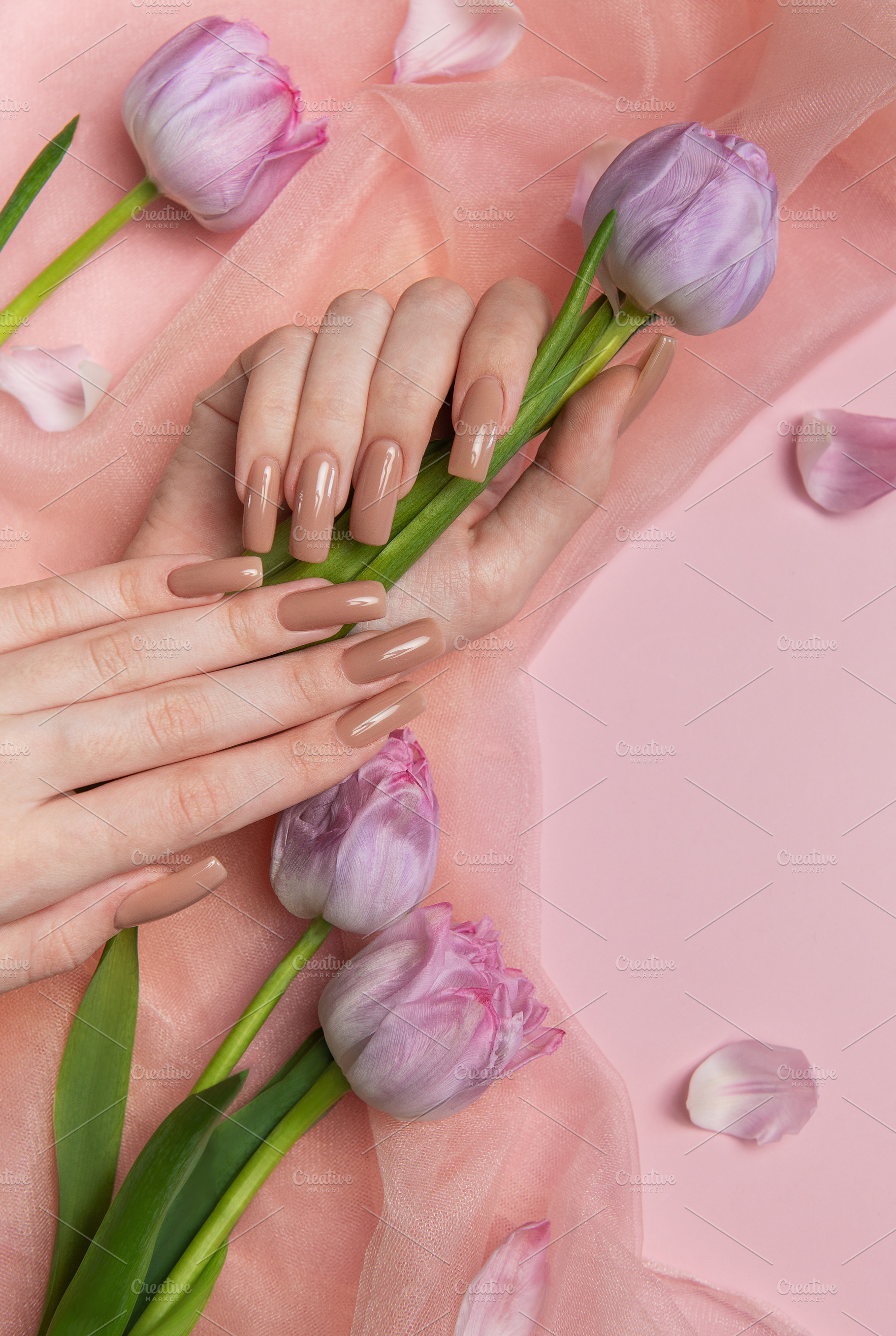 Woman hand with stylish nude manicure holding purple tulips on p, a Beauty & Fashion Photo by Olena Rudo