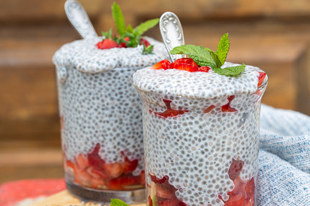 Chia pudding with fresh strawberries for breakfast, a Food & Drink Photo by Antonina Vlasova
