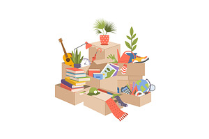 Boxes for moving. different items in, an Illustration by Onyx