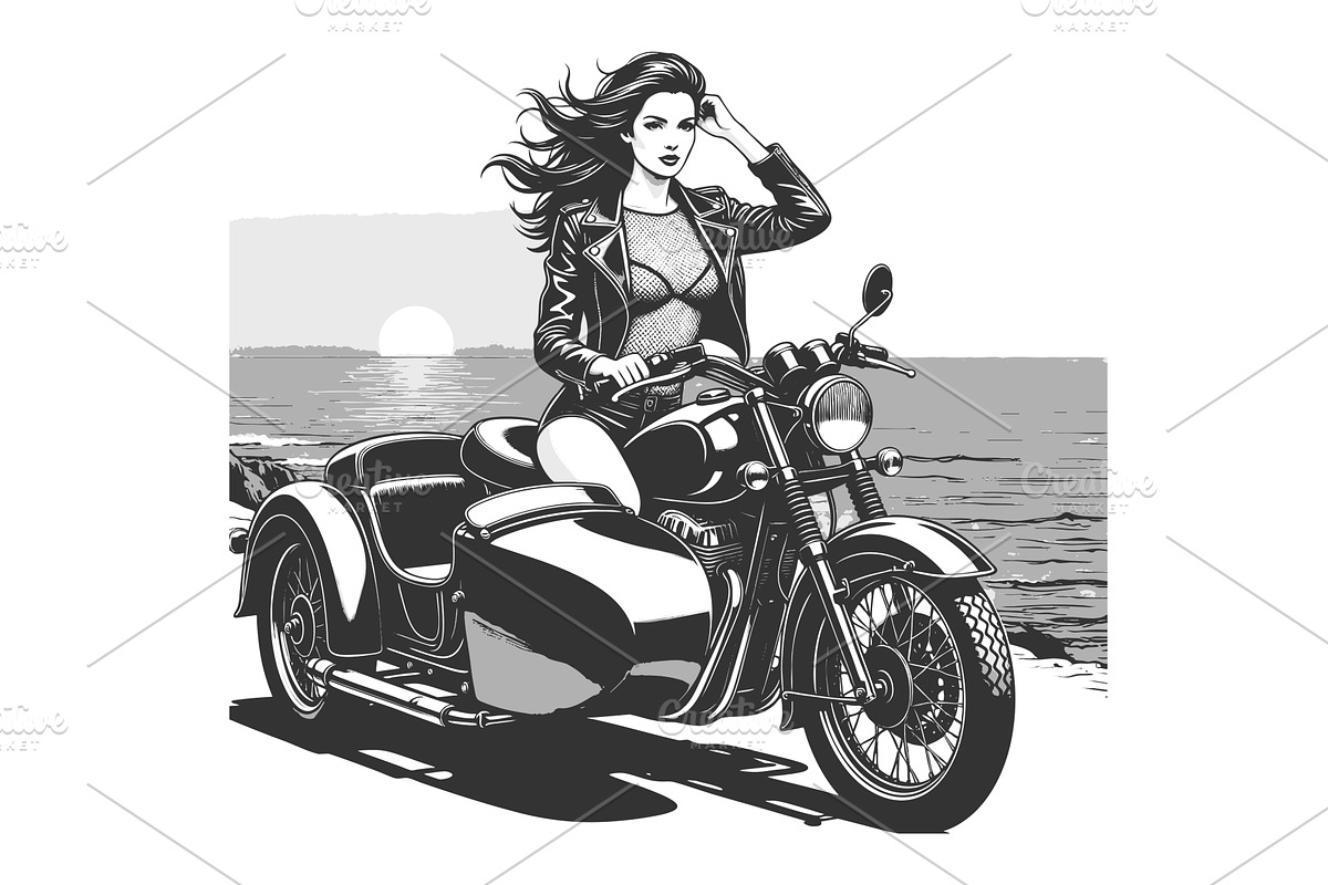 Woman Riding Vintage Sidecar, a Person Illustration by AlexArt