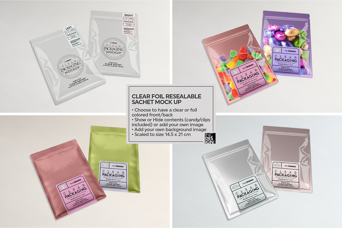Clear Foil Sachet Packaging Mockup, a Cups & Container Mockup by INCDesign (Photo 4 of 14)