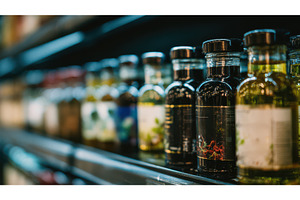 Colorful salad dressing bottles on, a Food & Drink Photo by Lermont51