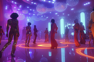 A vibrant disco scene with people dancing under colorful lights. The atmosphere, an Arts & Entertainment Photo by Textures & Backgrounds