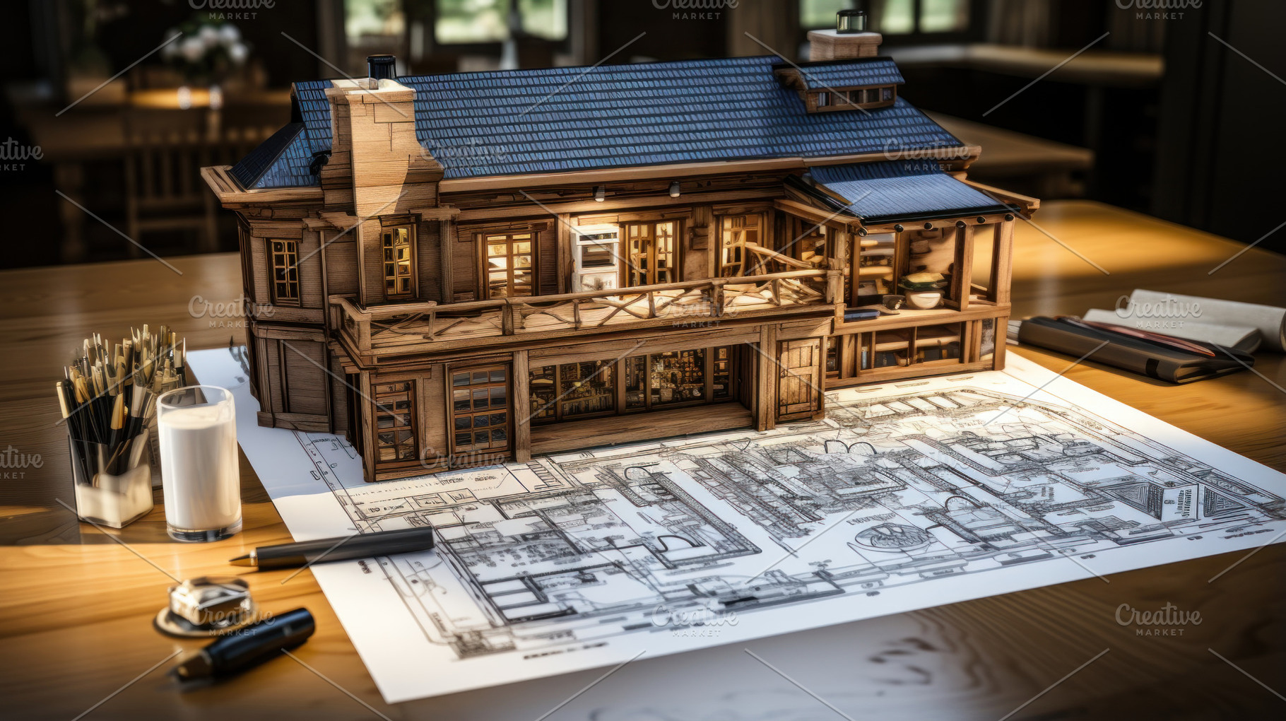House model and architectural plans on table. Architectural conc, an Architecture Photo by AS photostudio