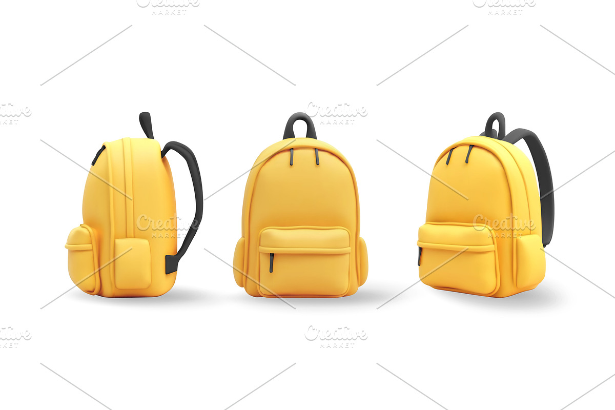 3d set of yellow school backpack, an Object Illustration by Abscent