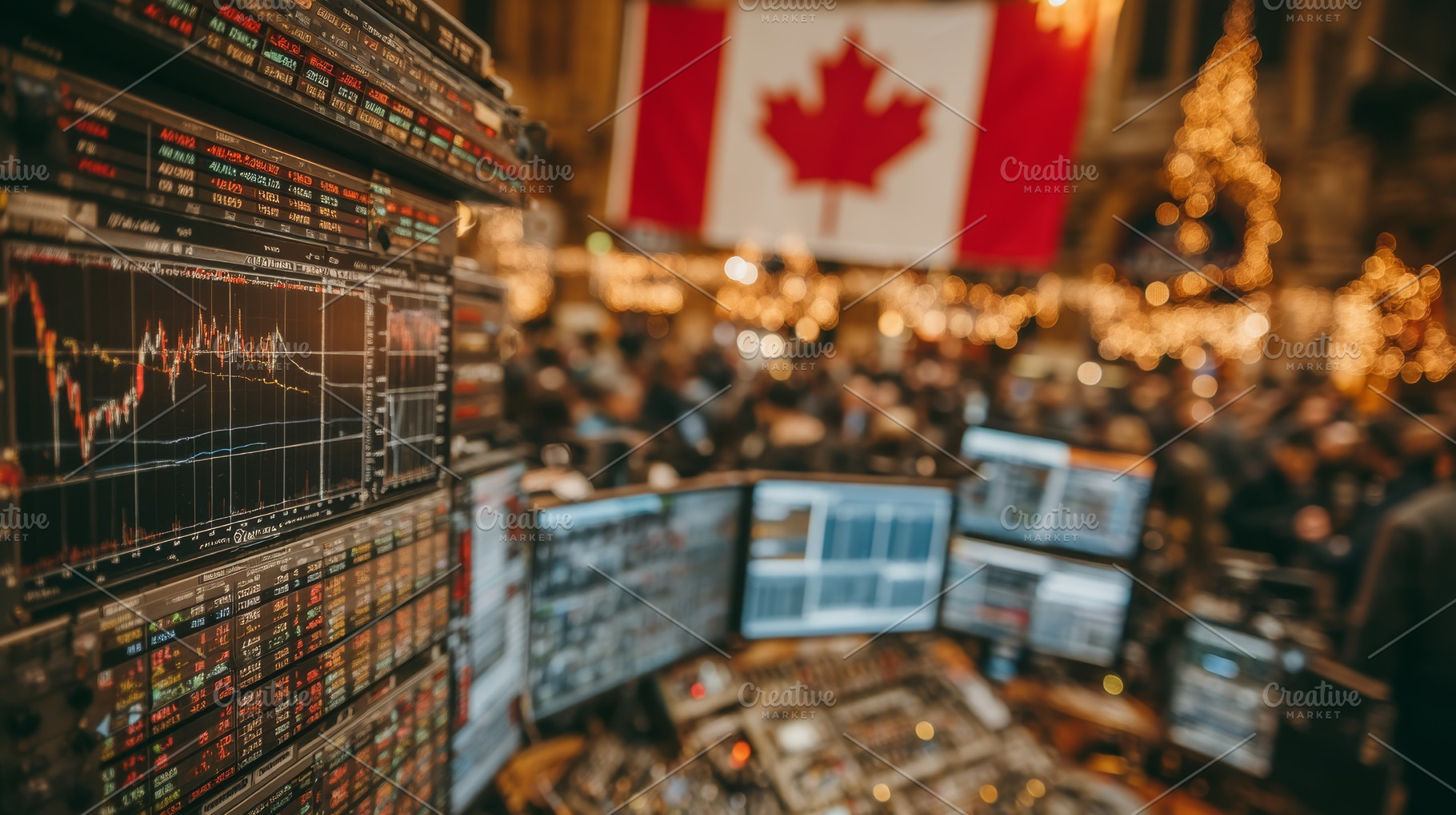 Busy Canadian stock market trading floor with monitors, financial charts and Ch, a Photo by AS photostudio