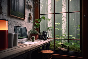 little cozy workspace, mug & laptop, a Business Photo by Virgo Studio