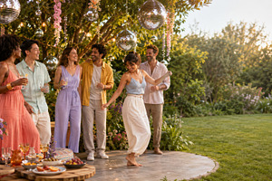 Garden disco party with diverse frie, a Photo by Dvoevnore photos