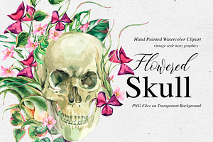 Watercolor skull with green leaves