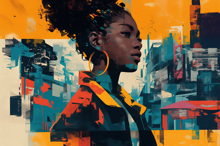 A vibrant, abstract portrait of a young woman with a stylish hairstyle, set aga, a Wallpaper Graphic by Textures & Backgrounds